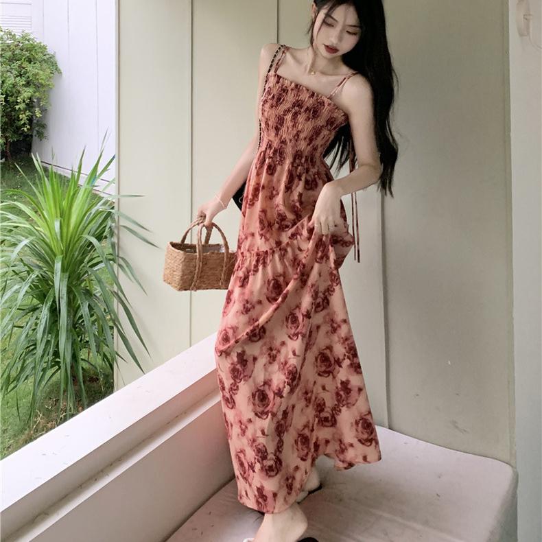 French Rose Print Lace Dress for Women Summer Autumn New Design Sense High Waist Wrapped Chic Strap Long Dresses