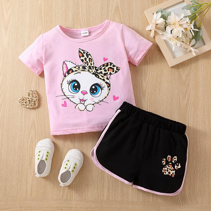 Girls Summer 2Pcs Outfit Cute Cartoon Print Crew Neck Short Sleeve Top and Shorts Set