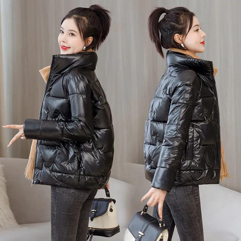 Plus Size 5XL Vinter glanset engangs polstret jakke for kvinner Kort stående kragejakke Koreansk versjon av den tykke dunjakken for kvinner