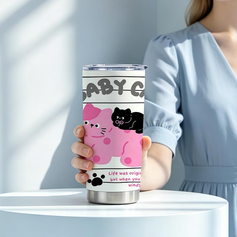 591ml Car Tumbler(1 Random Straw Included)Line Pink Black Kitten MotifStraight Travel Mug Creative Gift Cup Vacuum Insulated Cup 591ml Car Tumbler