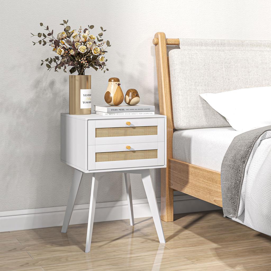White Bedside Table Nightstand with 2 Drawers Cannage Style Small Side Table 40x40x60 cm