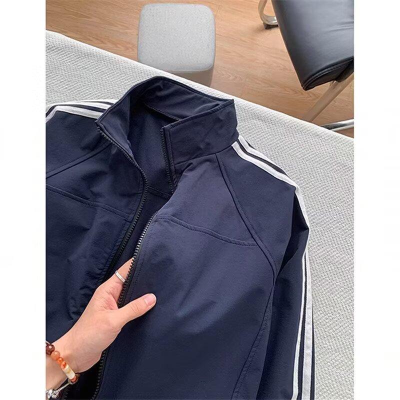 Men's 2026 High-End Japanese Style Three-Stripes Zipper Jacket - Sporty Hoodless Cardigan