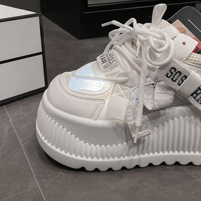 Fashion Breathable Air Mesh Lace Sneakers Leather Flats Lace-up Women Spring 8.5CM High Platform Sports Dad Shoes New Chunky Sneaker