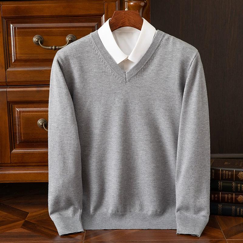 Men's 100% Merino Wool Cashmere V-neck Sweater Pullover Smart Casual Basic Long Sleeve Knitwear Clothes Tops Autumn Winter
