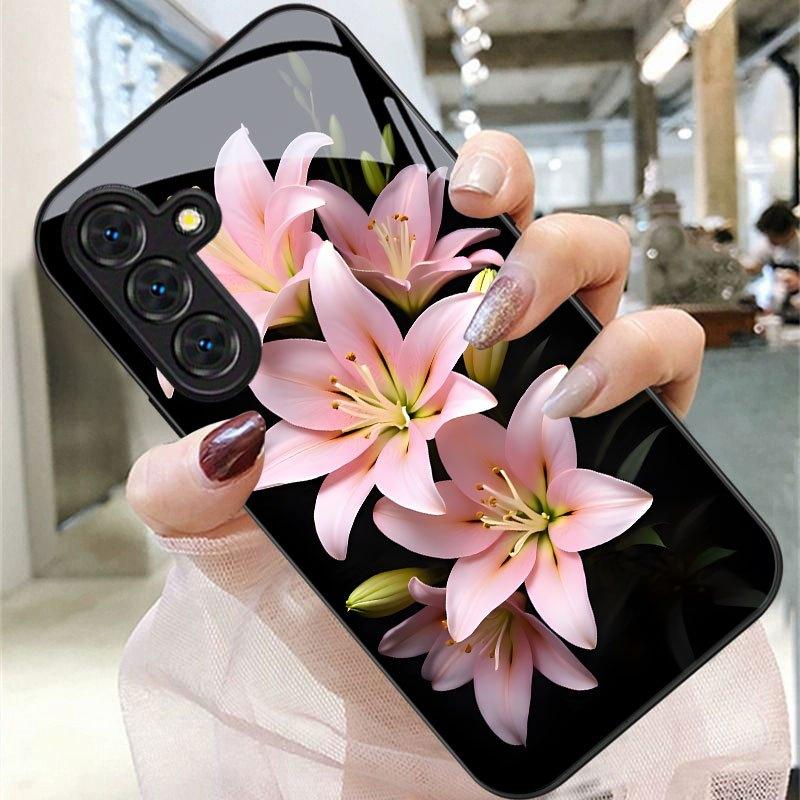 Pink Lily Flower Black Glass Phone Case Suitable for Samsung Galaxy S26 S25 S24 S22 S21 S20 FE/Ultra/Plus Anti Drop Back Cover