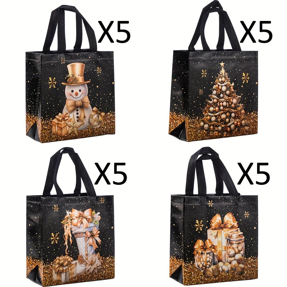 20pcs Festive Christmas Gift Bags - Snowman, Tree & Stocking Design, Black Handles, Non-Woven Tote Bags for Holiday Parties, Christmas Gift Bags