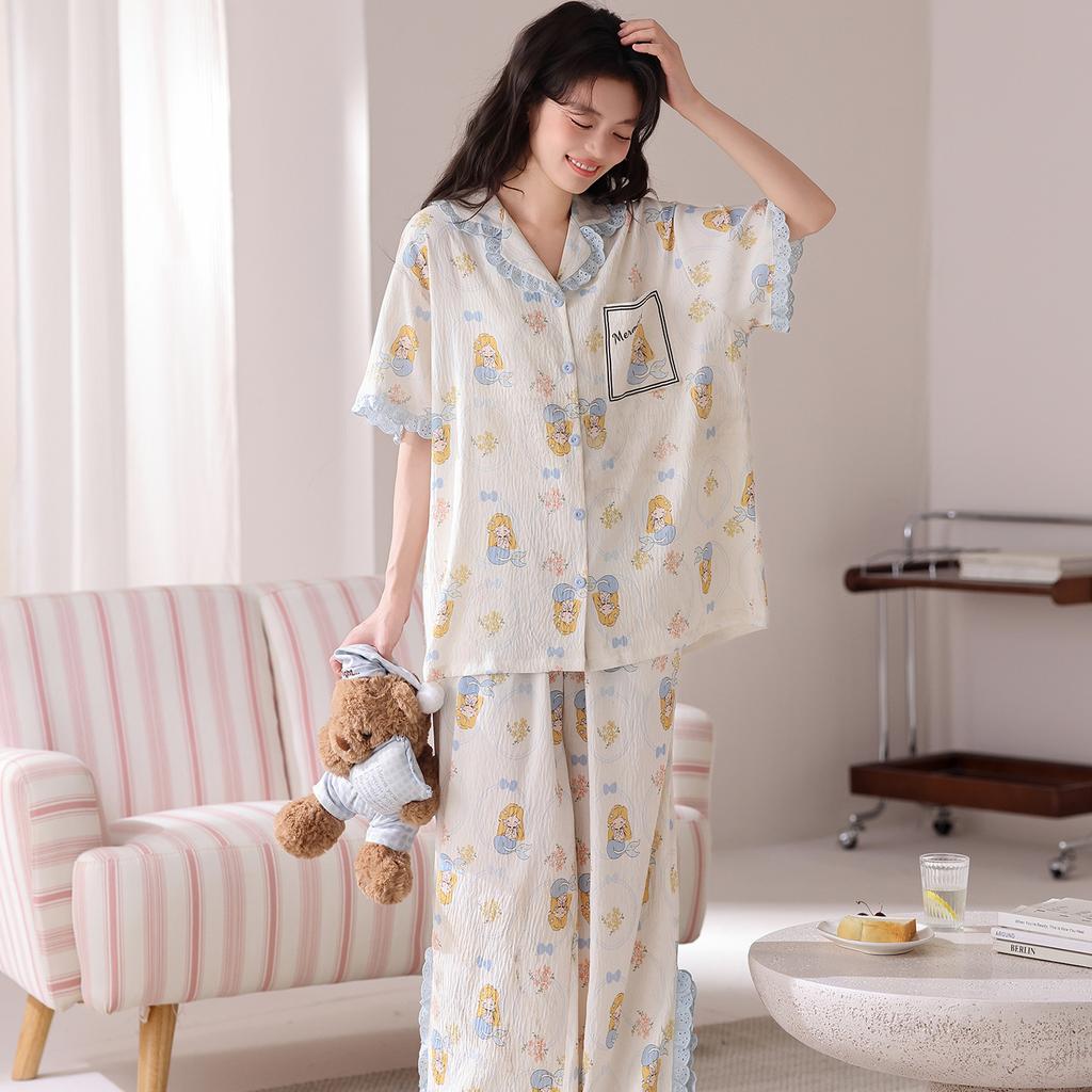 Pajamas Women's 1011 New Summer Cloud Cotton Cartoon Sweet Wide-leg Pants Cute Can Be Worn Outside Loungewear Set