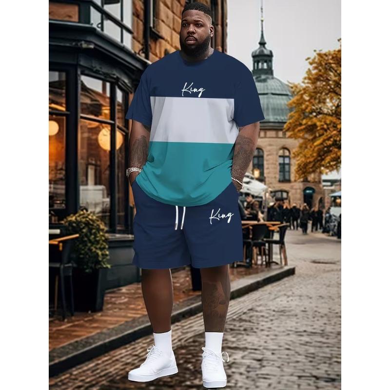 Men s King Letter Print T-shirt Shorts 2-piece Set Plus Size Men s Sports Drawstring Shorts Pocket Stitching Color T Shirt Suit S