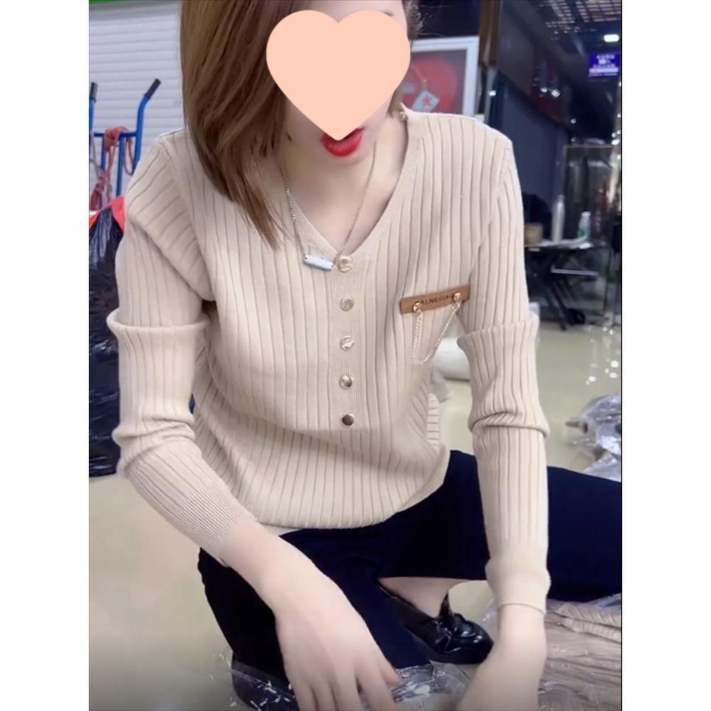 

European Style V-Neck Button Knitwear: Women s Loose Long Sleeve Pullover S (80-95)