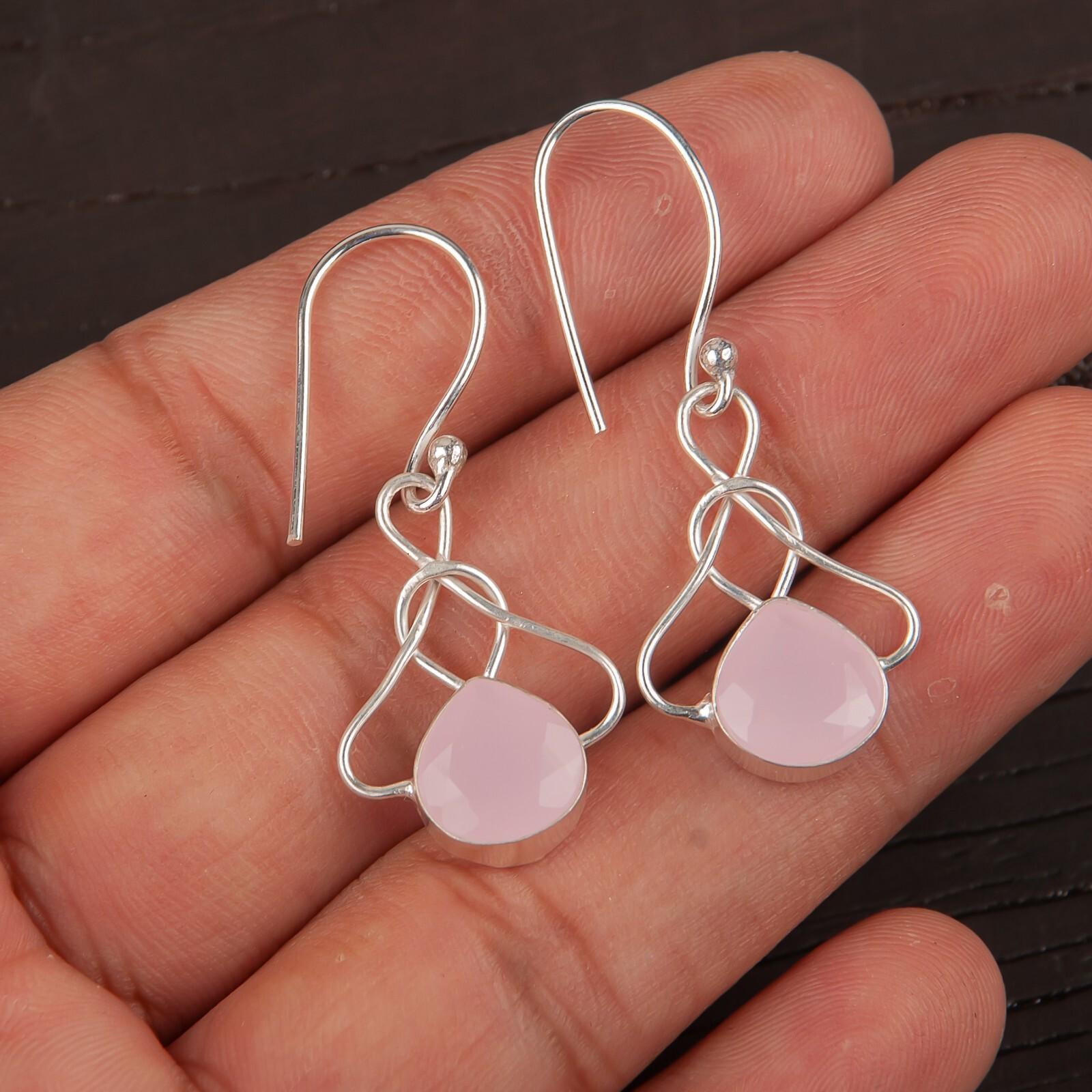 

Розовый Халцедон Драгоценный Камень 925 Стерлинговое Серебро Ювелирные Изделия Ручной Работы Серьги 1.50 EE-2-16