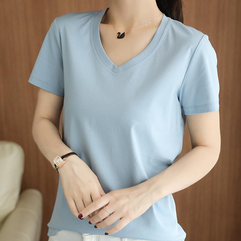 V-neck T-shirt for Women Mercerized Cotton T-shirt for Cotton Thread Short-sleeved Summer Updated Slim Versatile Half-sleeved Top