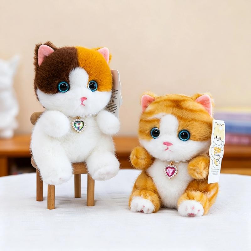 Cute Stuffed Kitty Plush Toy Soft Colorful Cat Animal Doll with Heart Pendant 1Pcs for Bedside Decor Kids Graduation Gift