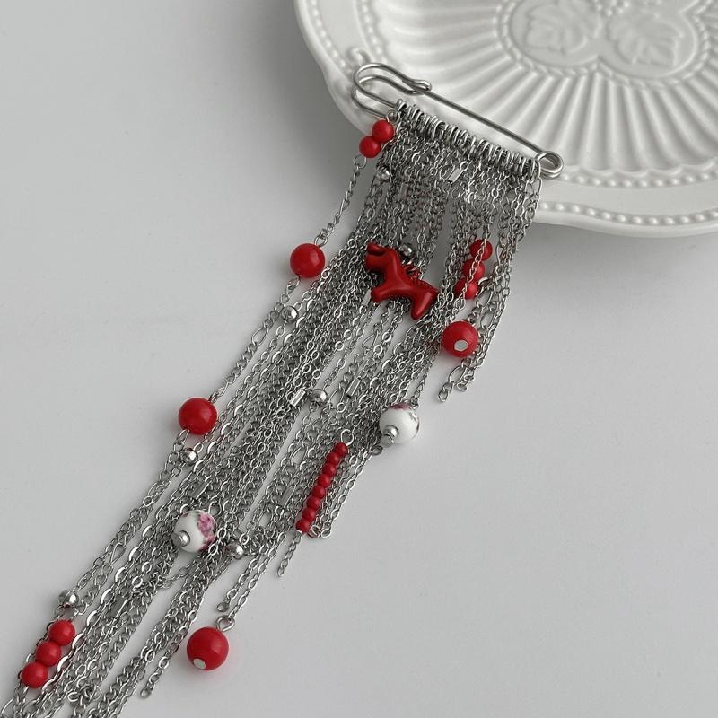 Trendy Red Pony Crystal Beads Long Brooches Women Vintage Creative Irregular Geometry Shirt Collar Lapel Suit Pin Accessories