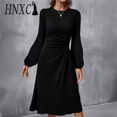 HNXC Women's Fashion Autumn Winter Solid Color Print Long Sleeve O-Neck  Casual Dresses