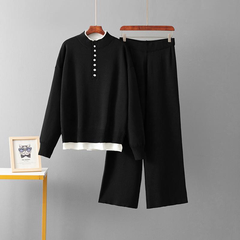 

Модный повседневный шерстяной костюм женский осенне-зимний новый свободный свитер вязаные широкие брюки комплект из двух предметов one size чёрный