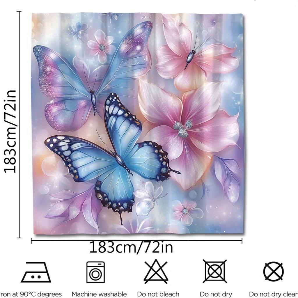 1 Piece Fantasy Colorful Butterfly Floral Shower Curtain, Machine Washable, Vivid Blue Butterfly And Pink Flower Pattern