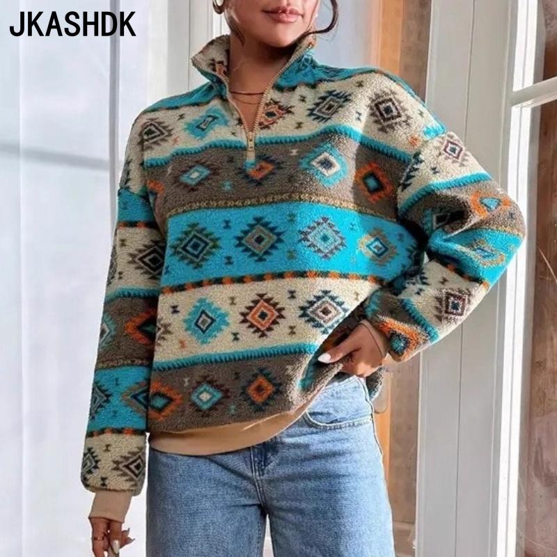 JKASHDK Women's Fashion Casual Spring Autumn Solid Color Print Long Sleeve POLO Neck Blouses & Shirts
