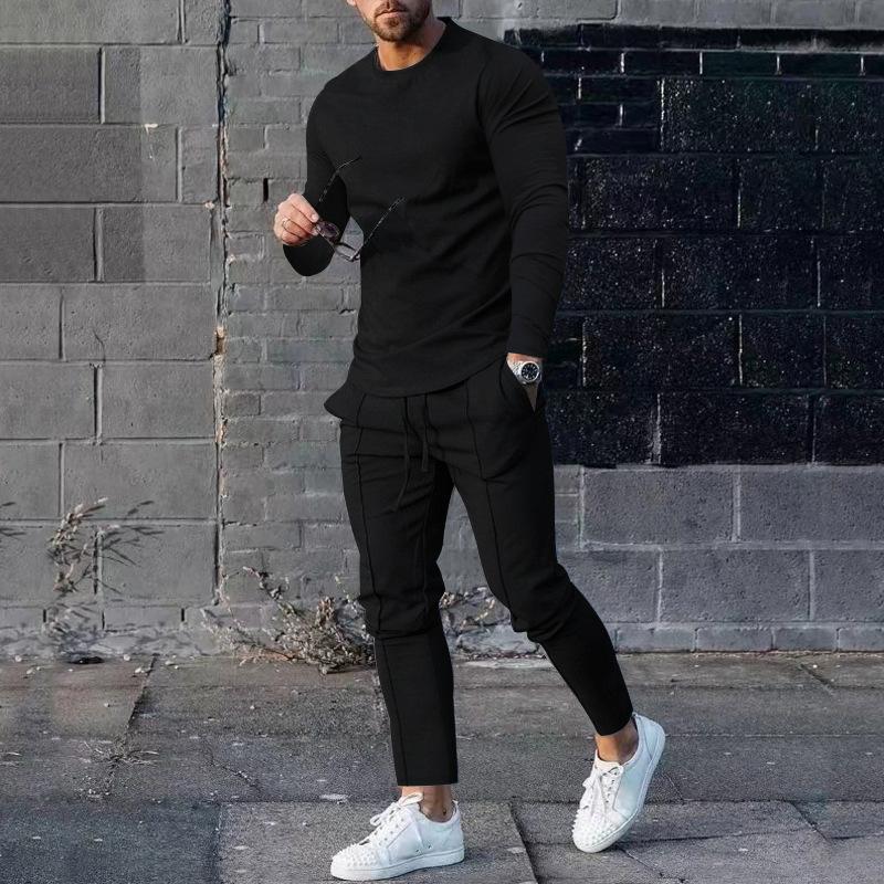 Casual And Comfortable Spring And Autumn Men'S Solid Color Casual T-Shirt Long Sleeved Shirt Long Pants Set Sportswear Hoodie Two-Piece Set