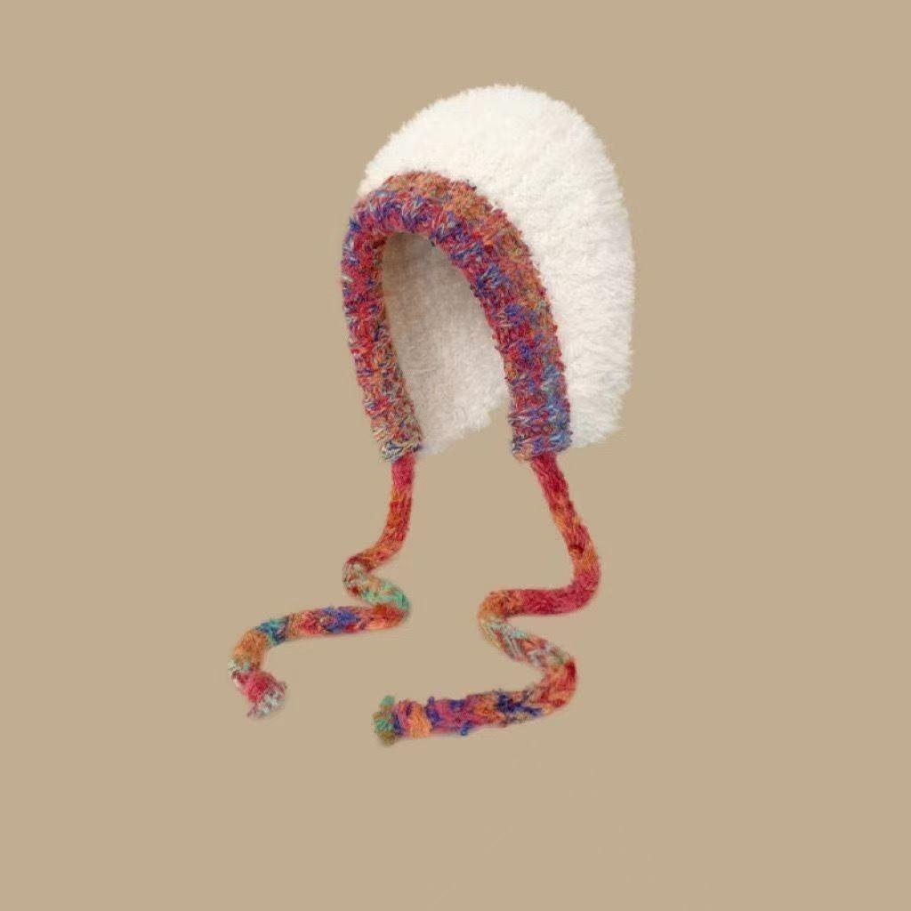 Cute lamb warm hat women's autumn and winter cold-proof plush knitted ear hat outdoor pullover hat