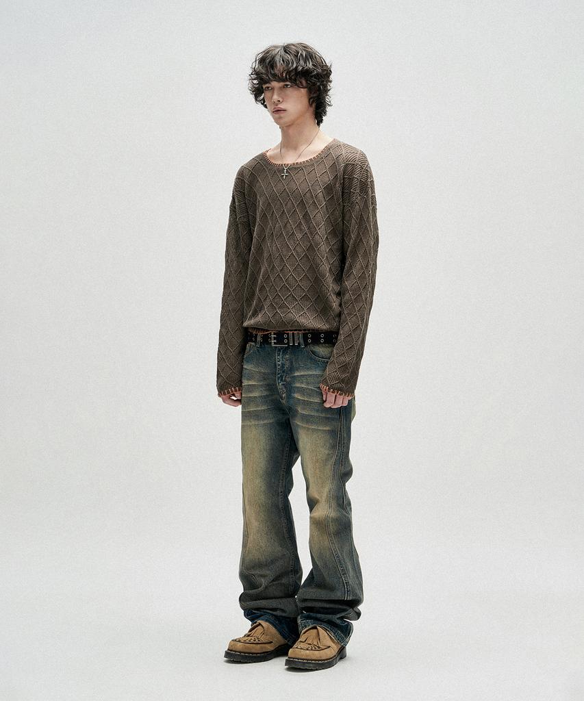 NOT4NERD Distressed Contrast Hand Stitch Knit - Khaki