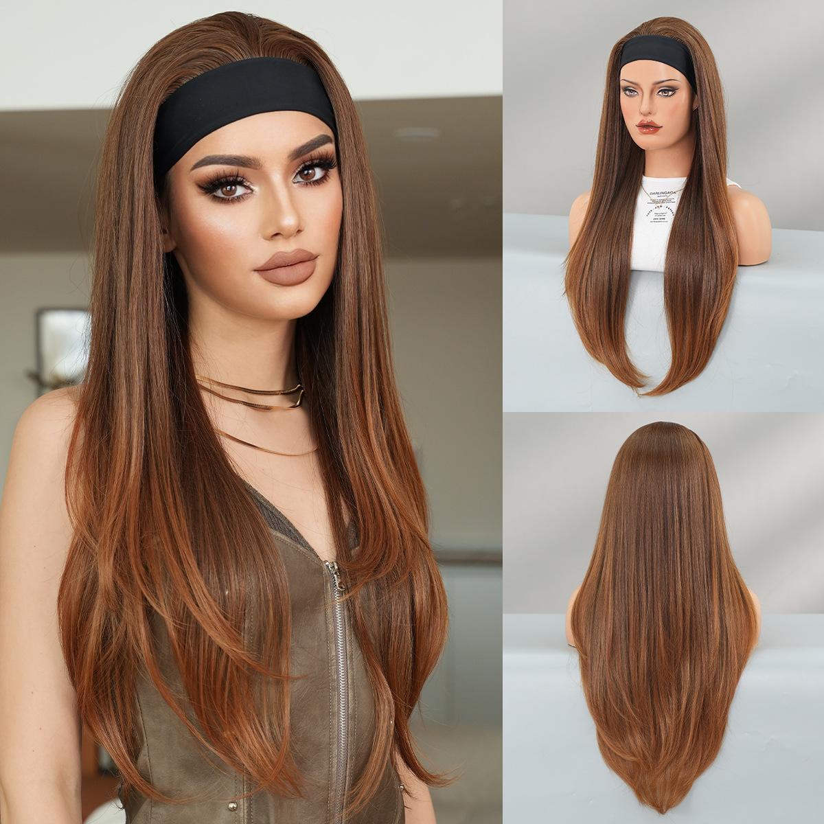 Женский синтетический многослойный прямой парик на всю голову с повязкой на голову, натуральный вид, пушистый золотисто-коричневый парик для повседневной носки коричневый