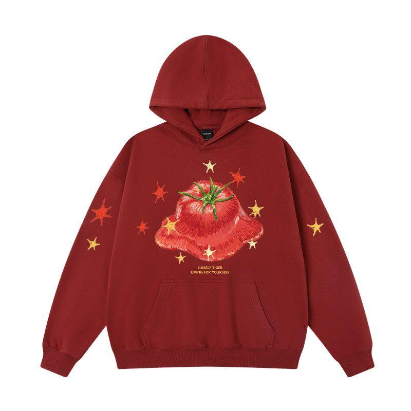 

Jungle Tiger National Trend Fruit Trio Print Loose Hoodie Unisex Design Thickened Sweatshirt Burgundy(P)-Tomato M