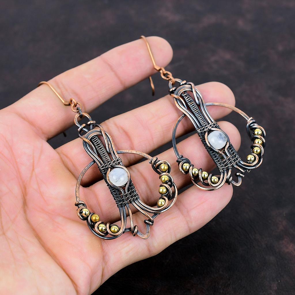 Rainbow Moonstone Earring Copper Wire Wrapped Earrings Antique Copper Jewelry Handmade Gemstone Earrings Wire Wrapped Jewelry Gift For Women