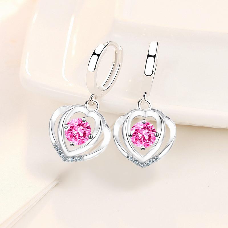 925 silver new women's fashion jewelry high quality blue pink crystal zircon simple heart-shaped earrings
