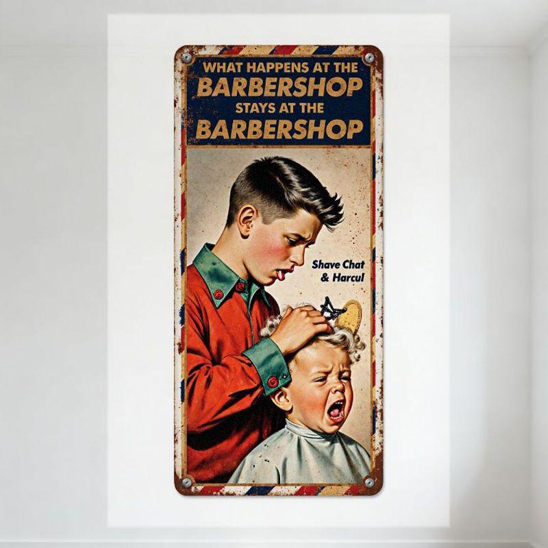 

Vintage Metal Tin Sign - What Happens At The Barbershop Stays At The Barbershop - Nostalgic Barber Shop Illustration for Home Ba 20x30cm（7.8x11.8inch）