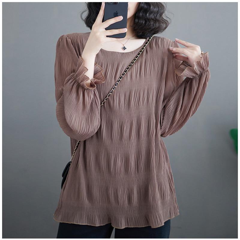 Camicia in Chiffon con Maniche Svasate Plissettate Blusa Donna Girocollo Tinta Unita Ampia Versatile Camicia a Maniche Lunghe Top