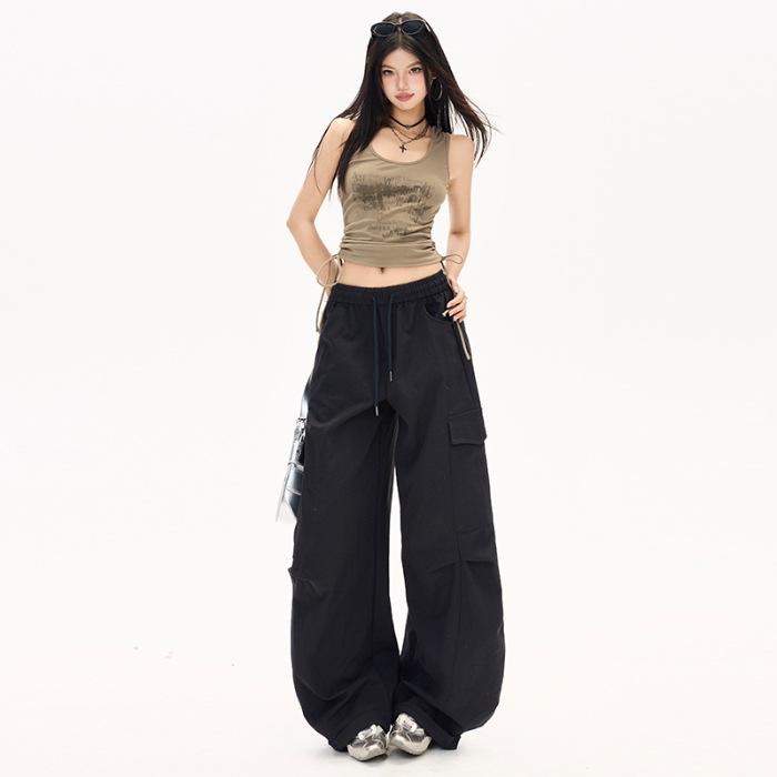 

Elastic Waist Women s Wide-Leg Workwear Pants - Spring/Summer 2026 Multi-Pocket, Floor-Length Design Small темно-синього кольору