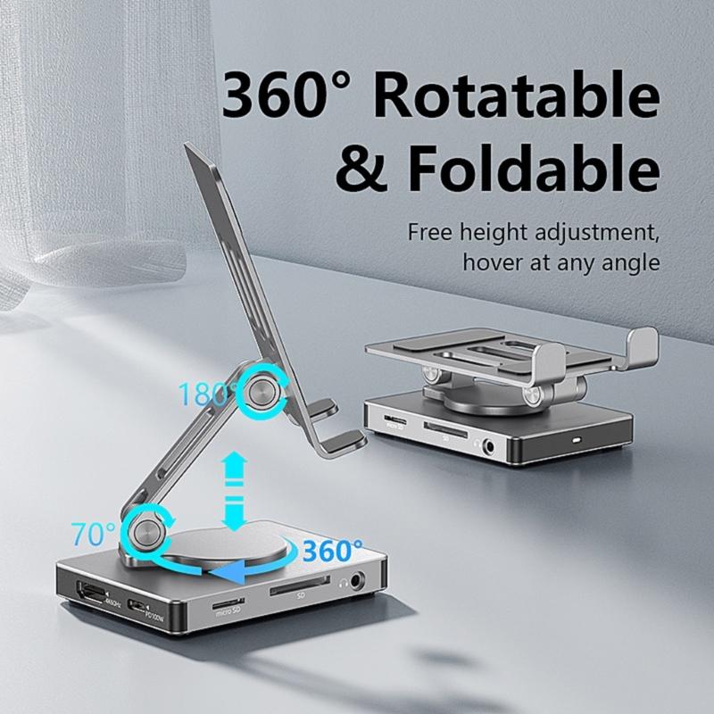 Rotating Aluminum Phone Hub 8 in 1 USB C Docking Station 5Gbps 100W PD Charging Foldable Stand for Multiple Devices