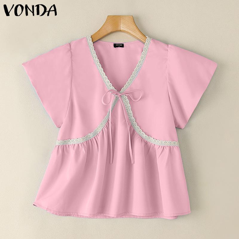 

VONDA Летние женские топы с V-образным вырезом, пышными короткими рукавами, сшивкой, повседневная блузка 3XL