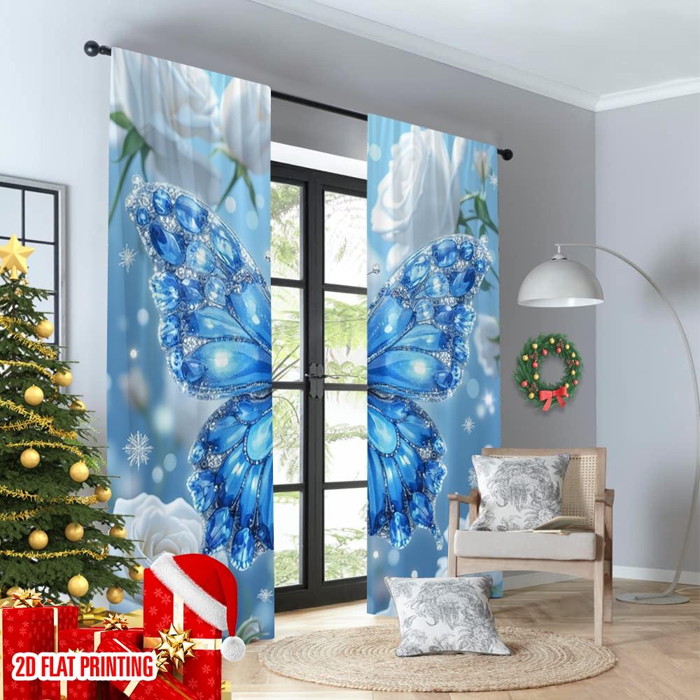 Set Of 2 Flat Printing Scene Curtains Diamond Butterfly Blue Roses Digital Printed Polyester Drapes Holiday Decorations Curtain