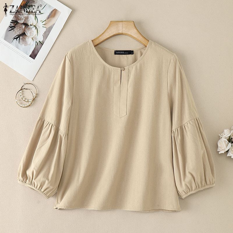 ZANZEA Women Casual Round Neck Solid Color 3/4 Sleeve Blouse