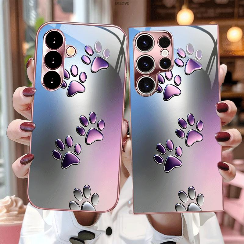 Metallic Cat Paw Print Glass Phone Case Fashion Phone Cases S26 Ultra Case for Samsung Galaxy S26 S25 S24 S23 S22 FE Ultra Plus