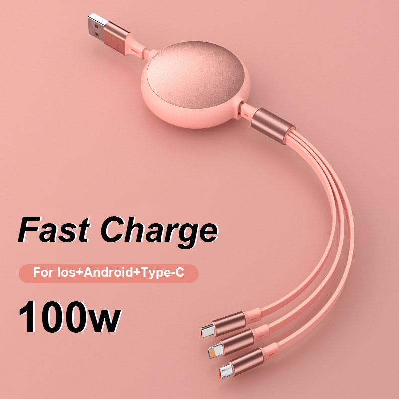 

6A 100W 3 in 1 Fast USB Cable for Huawei/Honor Retractable Portable 3 in 1 Micro USB Type C Charger Cable For iPhone Samsung фиолетовый