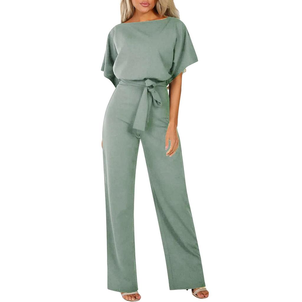 2024 Trendy Women's Summer Button Tie Short Sleeve Jumpsuit
