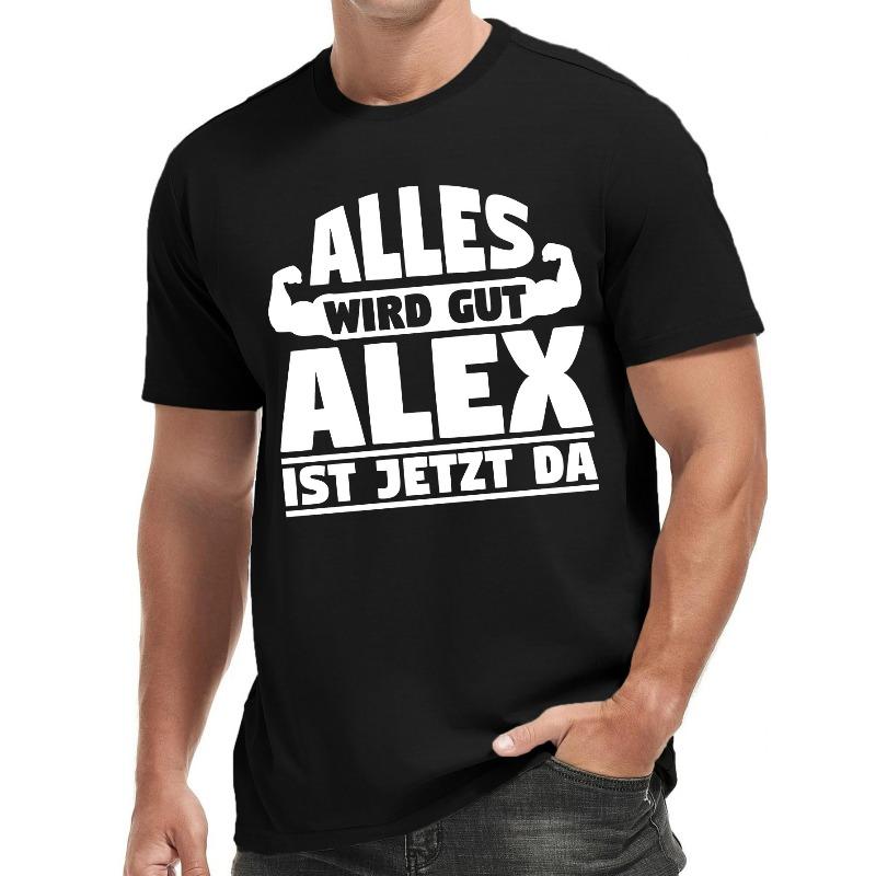European sizes ALEX IS HERE Men's Short Sleeve T-Shirt with Brand Print - Casual Round Neck Summer Top,