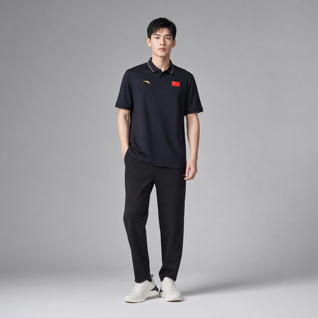 Anta Bequemes Einfaches Vielseitiges Gestreiftes Logo-Print Mode Sport Polohemd Unisex Polohemden Mitternachtsblau 452520104-3
