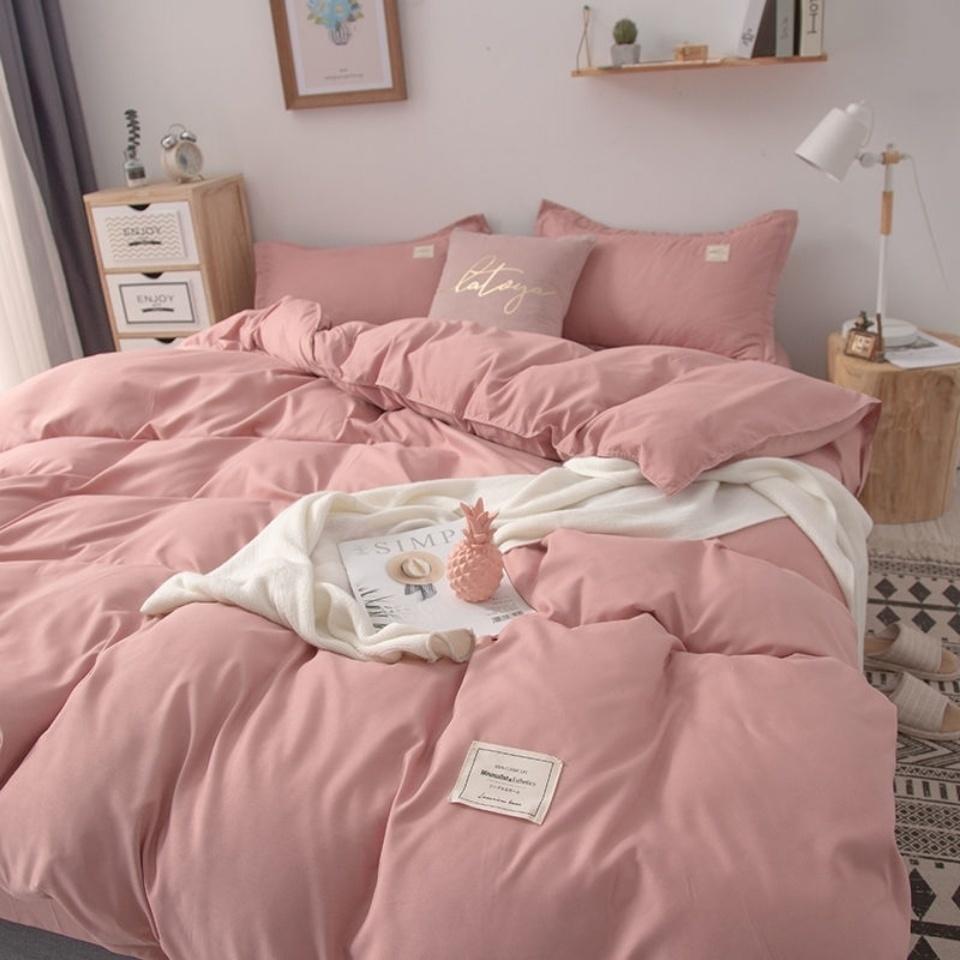 Simple Japanese Solid Color Pink Bedding Set Bed Cover Twin Full Queen Bed Linen Girl Women Polyester Bed Flat Sheet Pillowcase