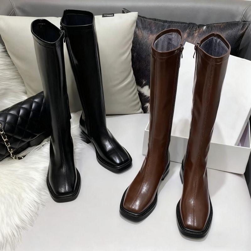 Square Head Side Zipper Slim Tall Boots 2025 Autumn and Winter New Retro Style Thick Heel But Knee Martin Boots Women
