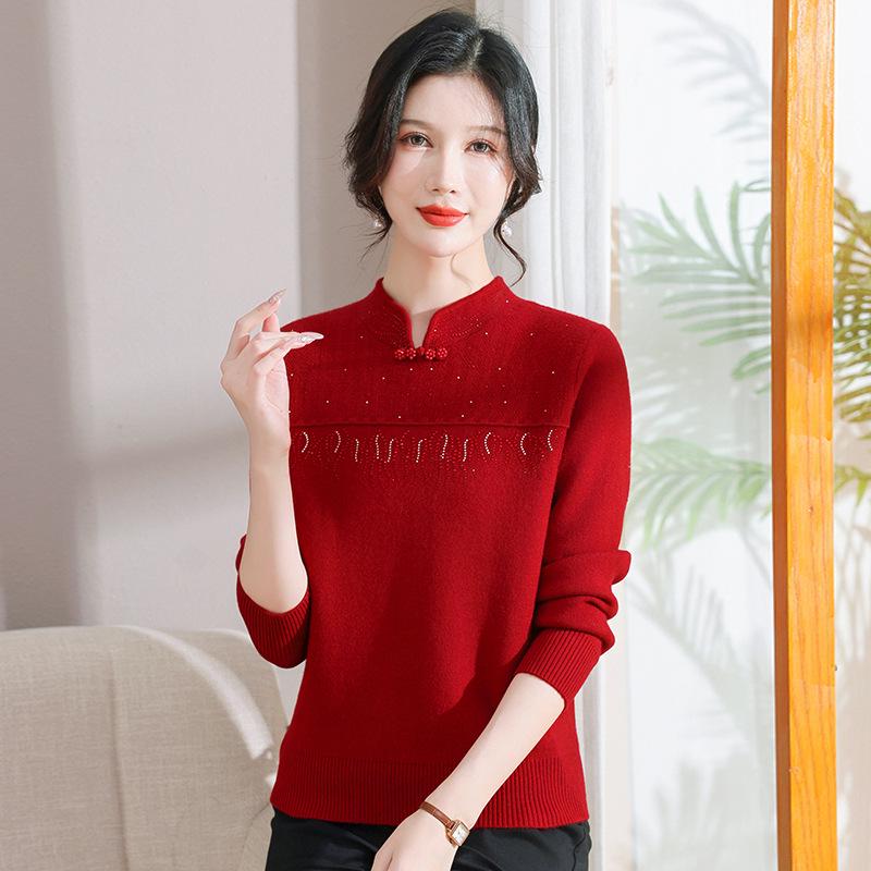 Autumn/Winter Knitted Velvet Sweater for Middle-Aged Women, Stylish Stand-Up Collar Solid Color Base Layer