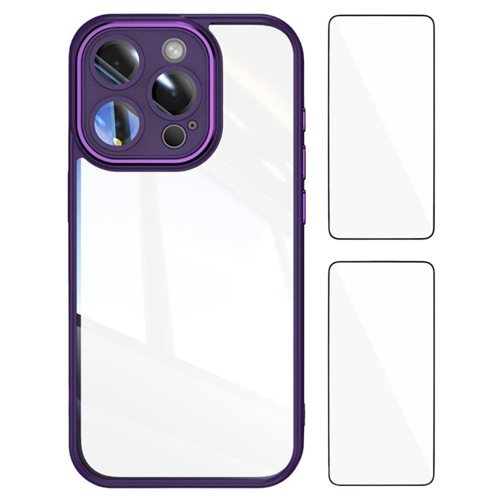 

WANLONFENG For iPhone 16 Pro Max TPU Case with 2Pcs Tempered Glass Film Drop-Proof Clear Phone Cover Dark Purple