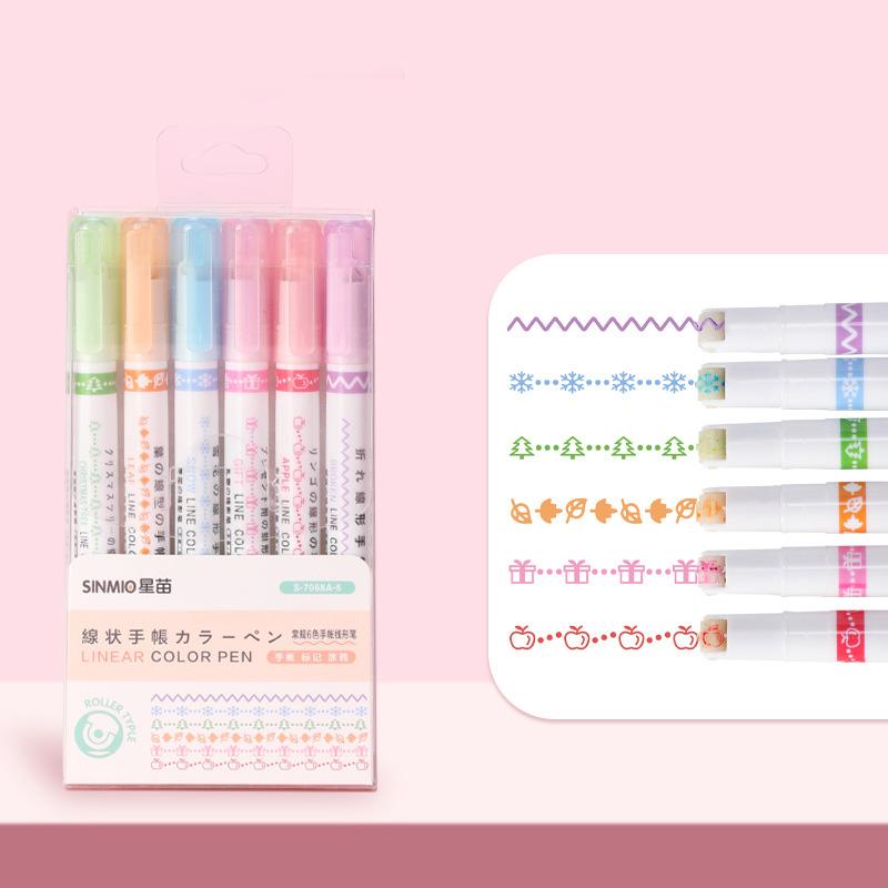 

6 шт. маркер в форме линии, роллер, изогнутый линейный маркер, ручка для граффити, кавайные корейские канцелярские принадлежности для школы и офиса