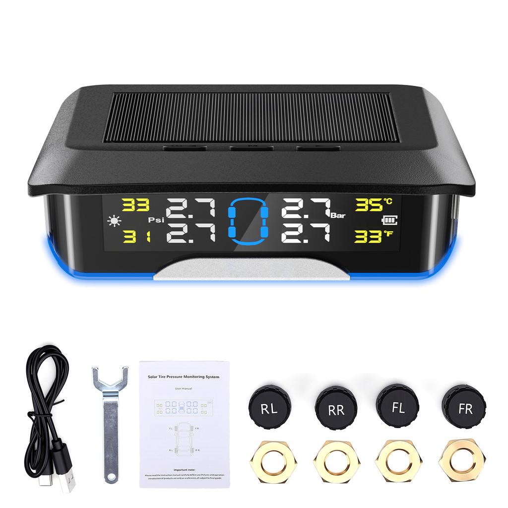 Tire Pressure Monitoring System, Solar Powered Tire Pressure Monitor with 4 External Sensors, 6 Alarm Modes, Color LCD