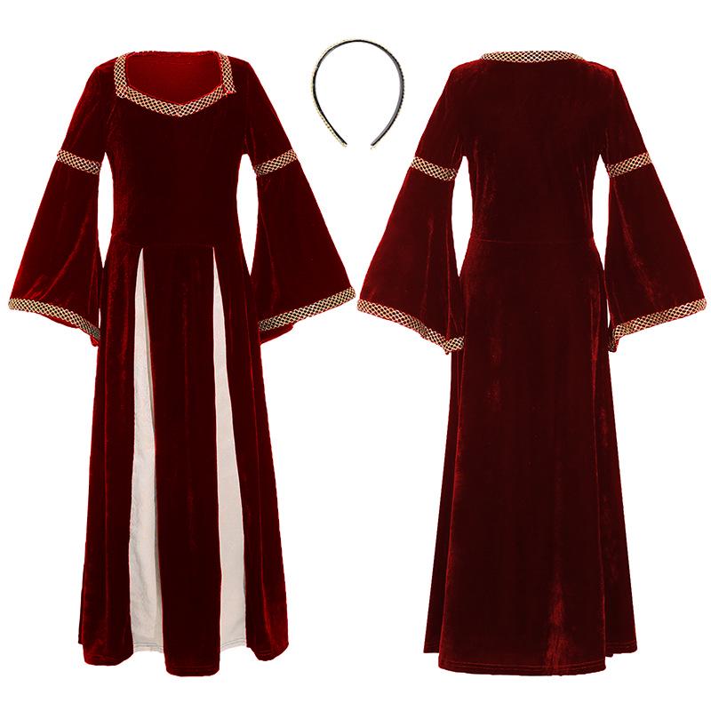 

Medieval Renaissance Girls Court Dress with Bell Sleeves for Stage Performances S вина червоного кольору