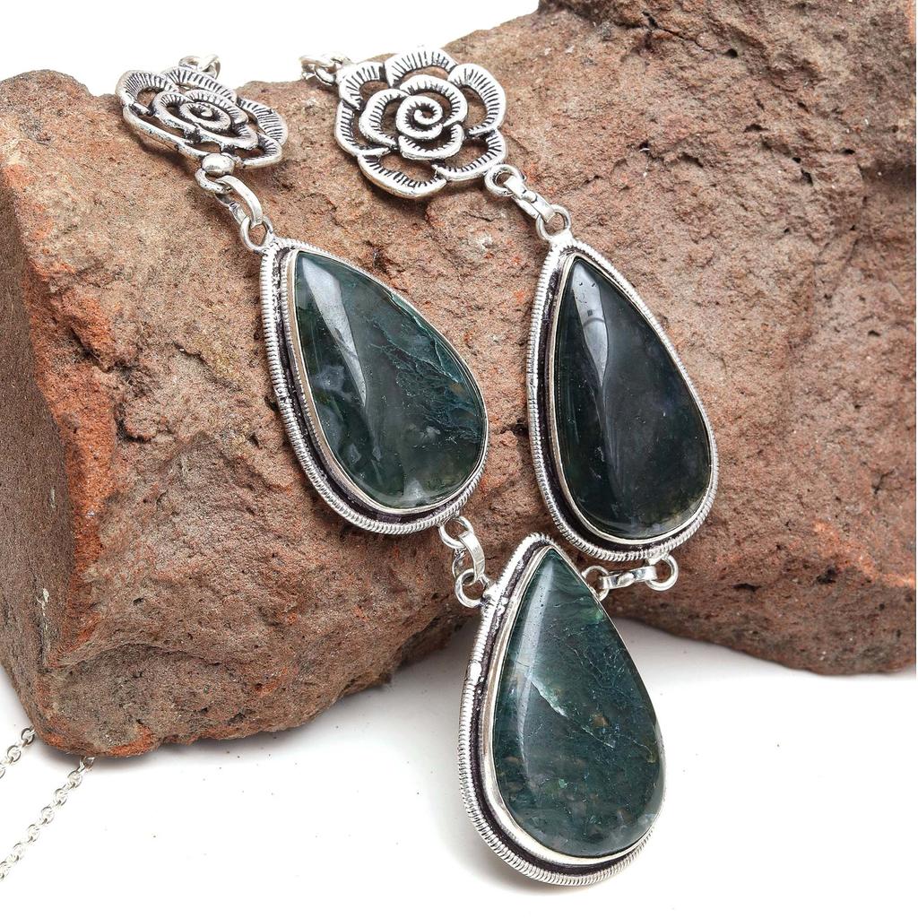 Naszyjnik z kamieni szlachetnych z agatu mchowego na Dzień Matki, ręcznie robiony, srebrny, 20 cali