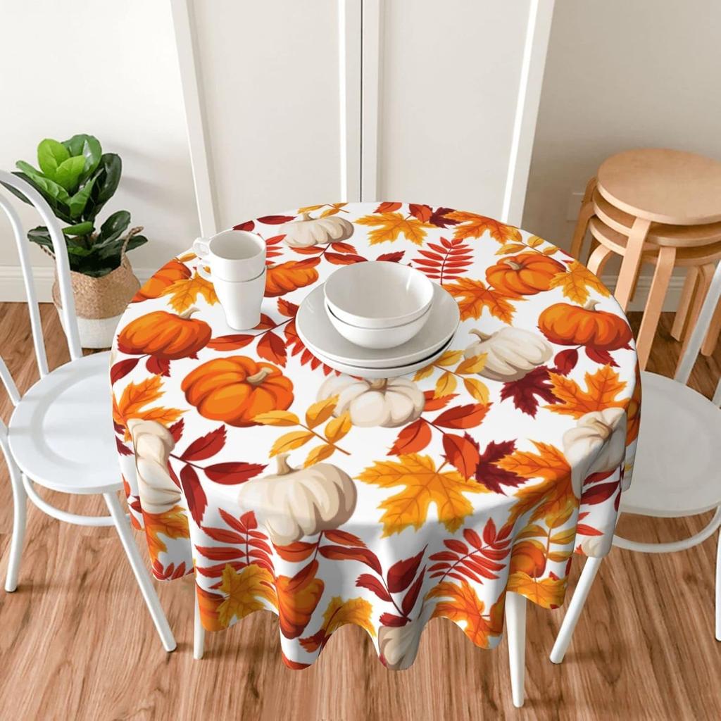 Fall Round Tablecloth 60 Inch Thanksgiving Harvest Autumn Pumpkin Fallen Leaves Maple Leaf Print Decorative Table Cloth Holiday Decorations Seasonal