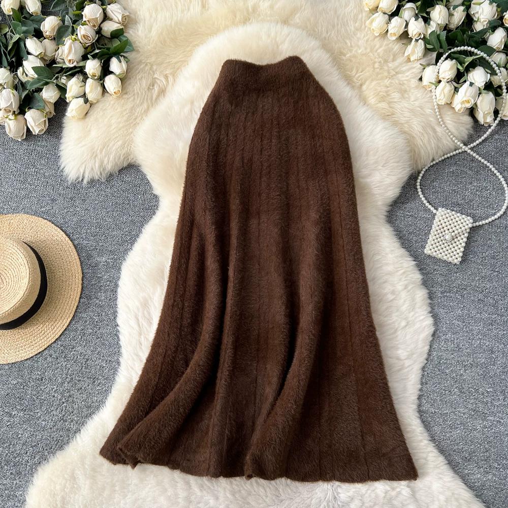Autumn Winter Women French Elegant Knitted Long Midi Slim Bodycon Fishtail Skirt